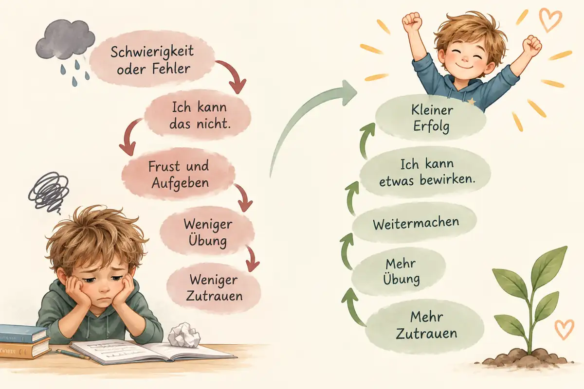 Lernmotivation: Grafik zeigt die Abwärtsspirale aus Misserfolg und Aufgeben sowie die Aufwärtsspirale aus Erfolg, Übung und mehr Zutrauen