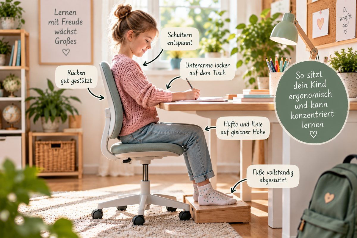 Ergonomische Sitzposition eines Kindes am Schreibtisch mit abgestützten Füßen und entspannten Schultern