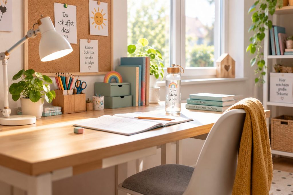 Lernplatz einrichten: Heller, freundlicher Schreibtisch mit guter Beleuchtung und übersichtlichen Lernmaterialien