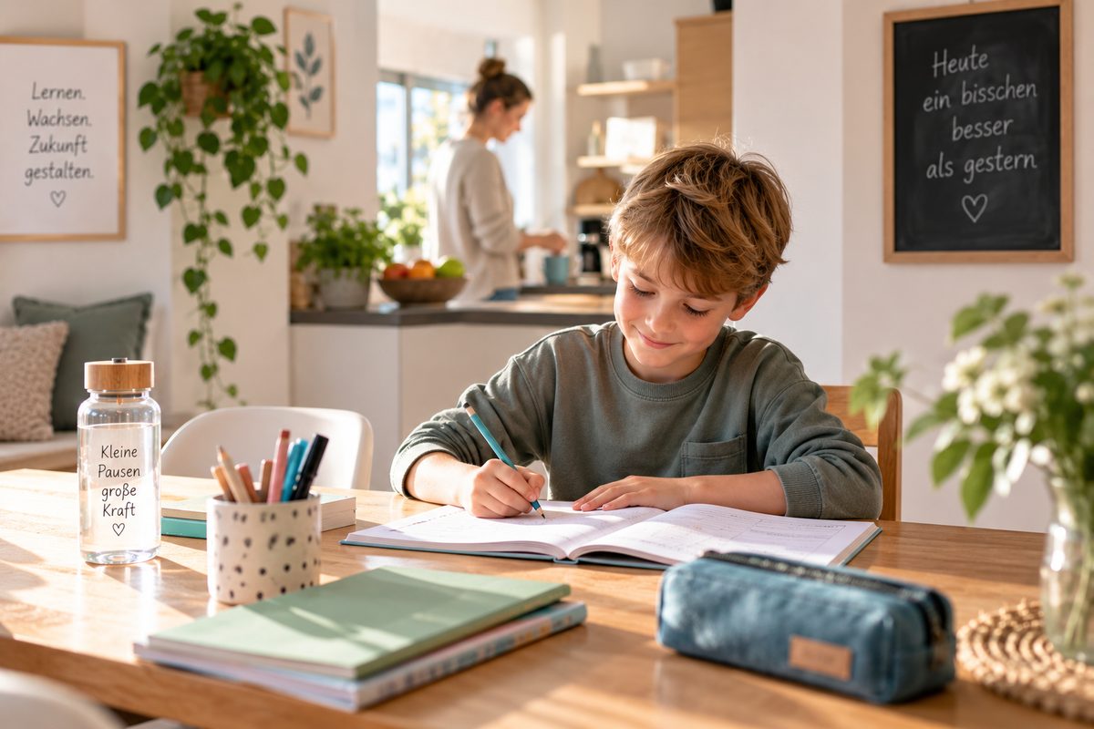 Kind erledigt seine Schulaufgaben am Esstisch, während ein Elternteil in der Nähe ist