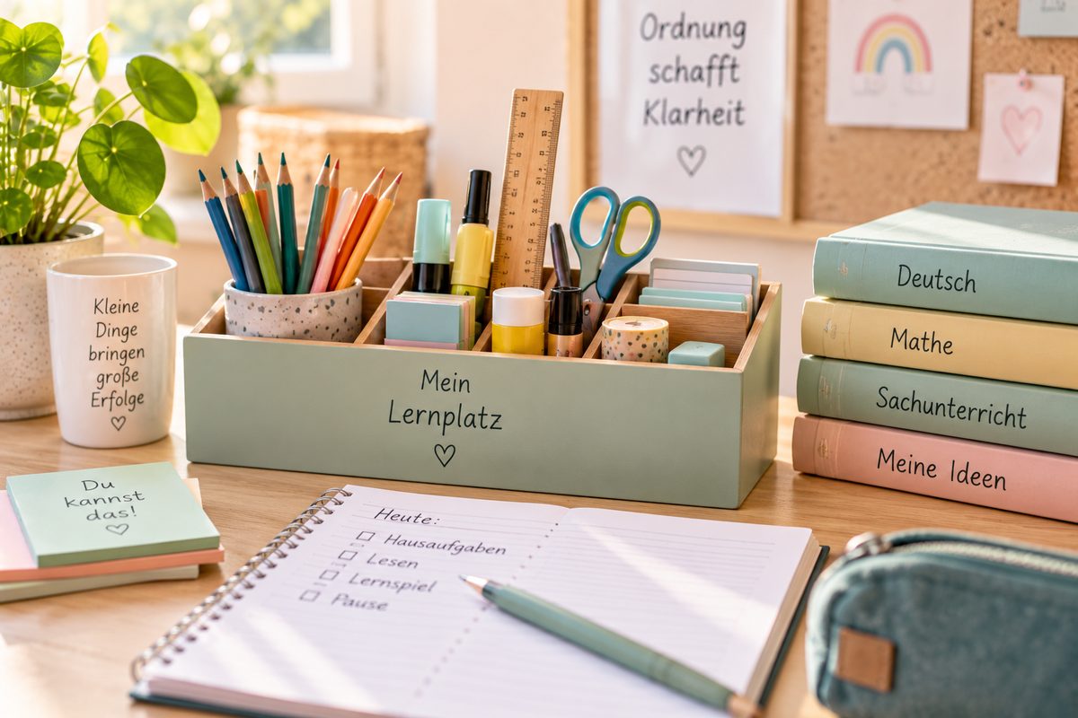 Übersichtlich organisierte Lernmaterialien mit Stiften, Lineal, Schere und Schulheften am Lernplatz