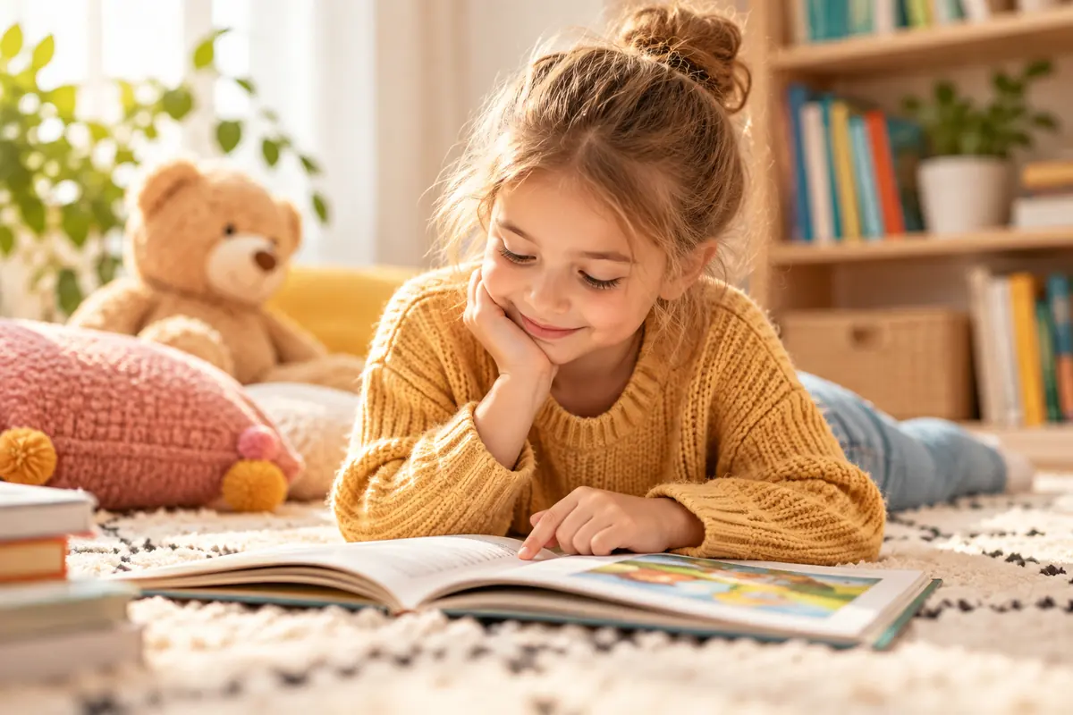 Kind liest entspannt ein Buch und übt Lesen bei LRS