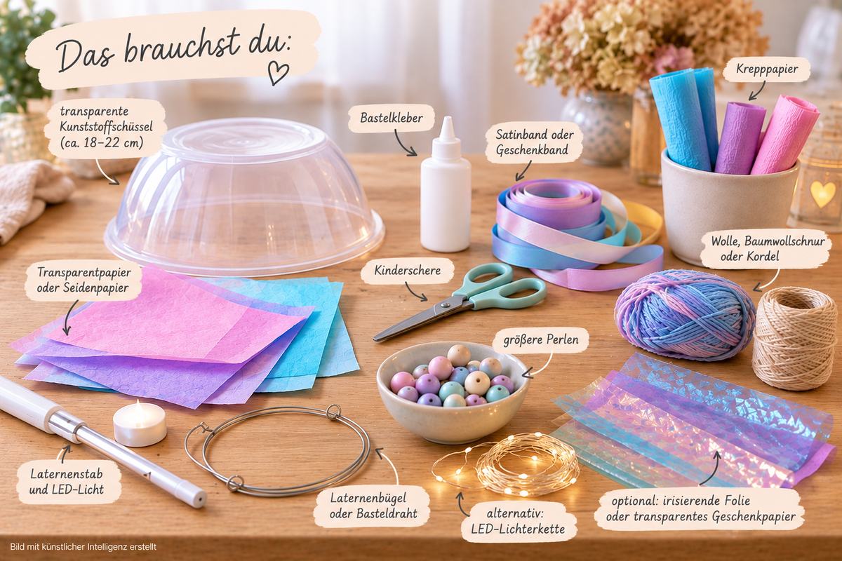 Materialien zum Basteln einer Quallen-Laterne mit Kunststoffschüssel, Papier, Bändern, Perlen und LED-Licht