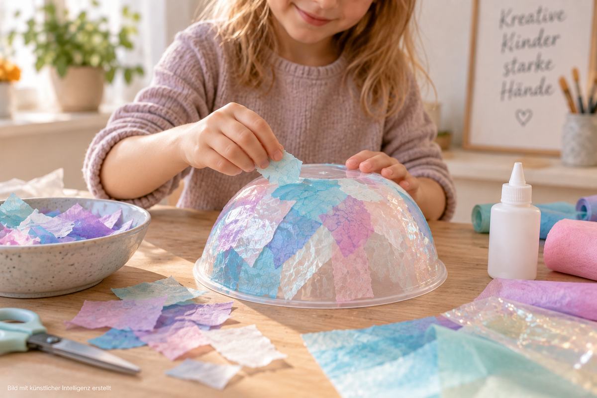 Kind beklebt eine transparente Kunststoffschüssel mit buntem Transparentpapier für eine Quallen-Laterne