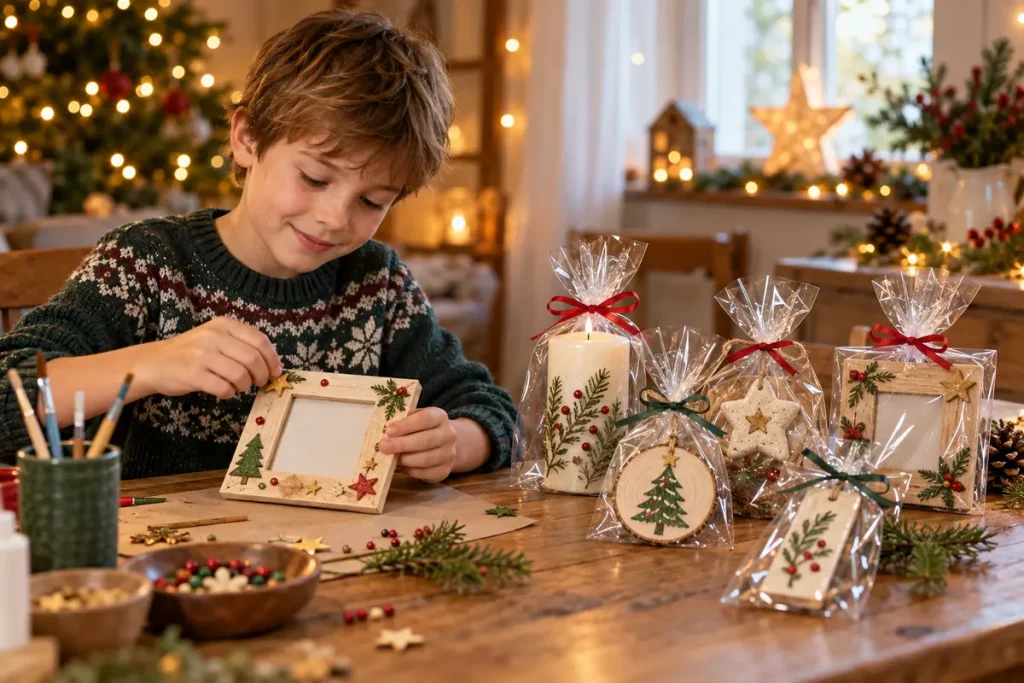 Weihnachtsgeschenke basteln mit Kindern: Junge gestaltet einen Bilderrahmen neben selbst gemachten Geschenken