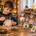 Weihnachtsgeschenke basteln mit Kindern: Junge gestaltet einen Bilderrahmen neben selbst gemachten Geschenken