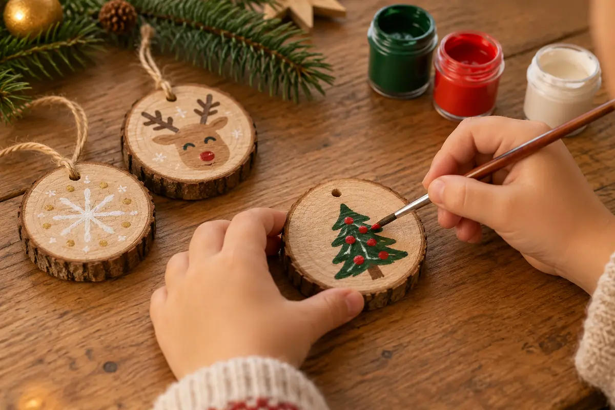 Weihnachtsgeschenke basteln mit Kindern: Kinderhände bemalen eine Holzscheibe als Weihnachtsanhänger