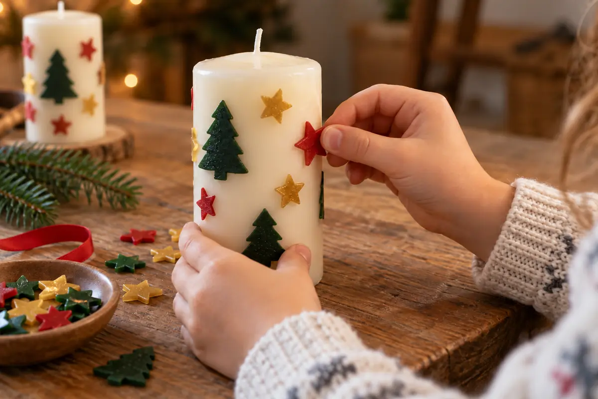 Weihnachtsgeschenke basteln mit Kindern: Kinderhände verzieren eine Stumpenkerze mit Wachsmotiven