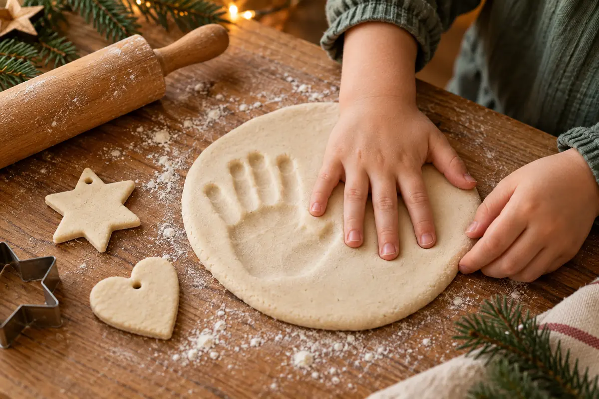 Weihnachtsgeschenke basteln mit Kindern: Kinderhände gestalten einen Handabdruck aus Salzteig