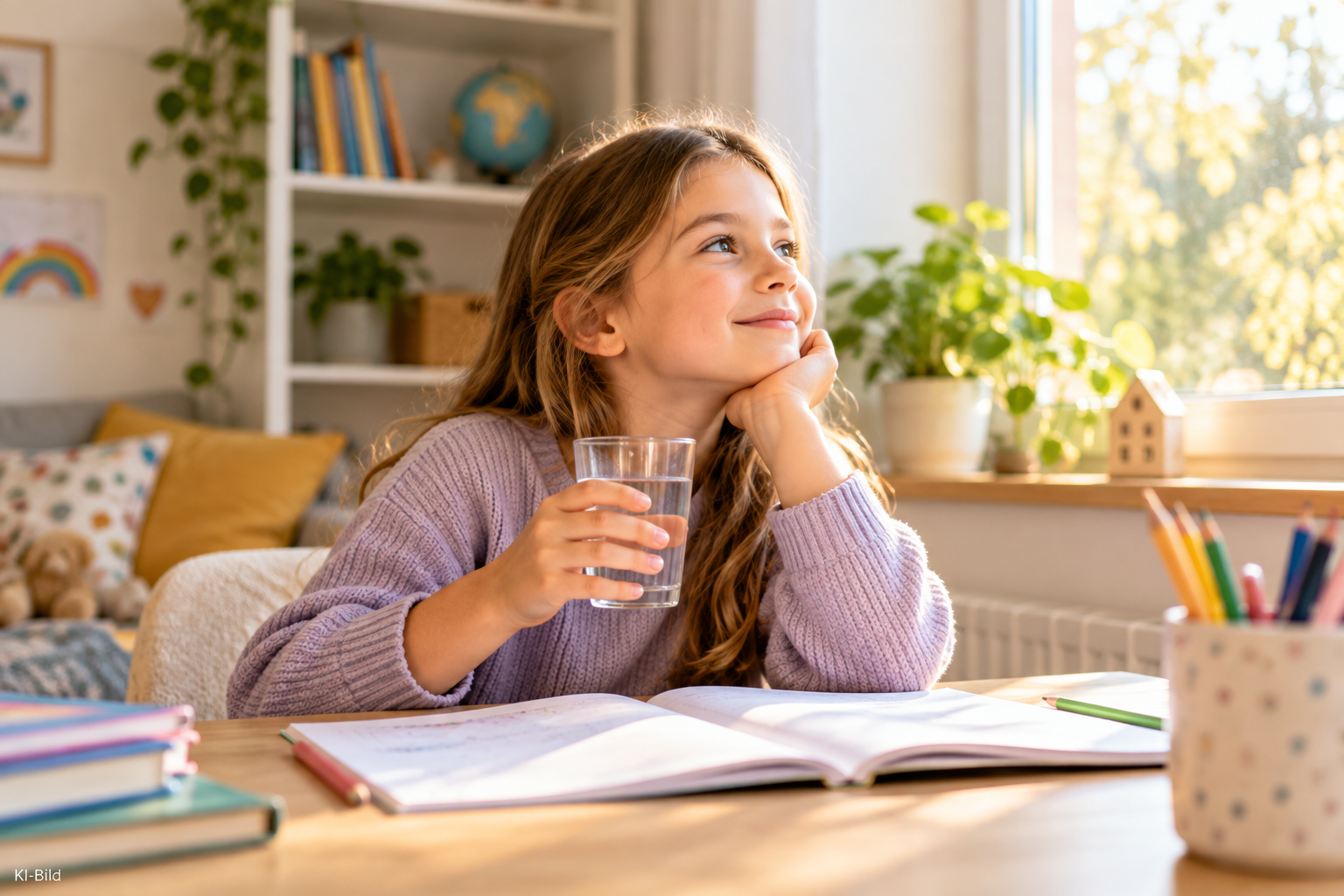 Pausen beim Lernen: Schulkind macht eine ruhige Lernpause am Schreibtisch
