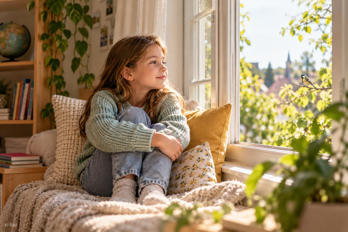 Pausen beim Lernen: Schulkind sitzt entspannt am Fenster und lauscht den Geräuschen draußen