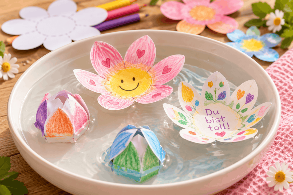 Bunte, selbst gebastelte Papierblumen öffnen sich in einer Wasserschale. Eine magische Wunschblume zeigt die Botschaft „Du bist toll!“.