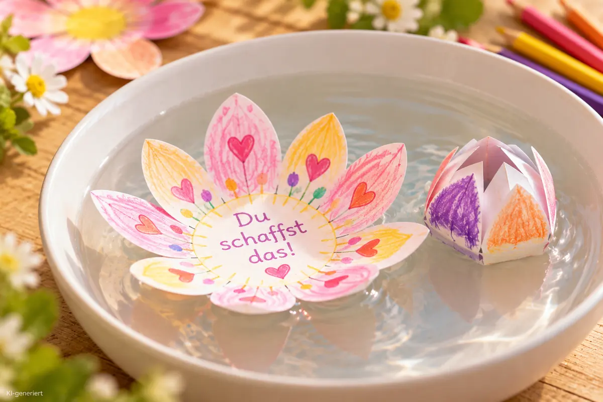 Eine geöffnete Papierblume zeigt im Wasser die Mutmachbotschaft Du schaffst das, daneben schwimmt eine geschlossene Blume.