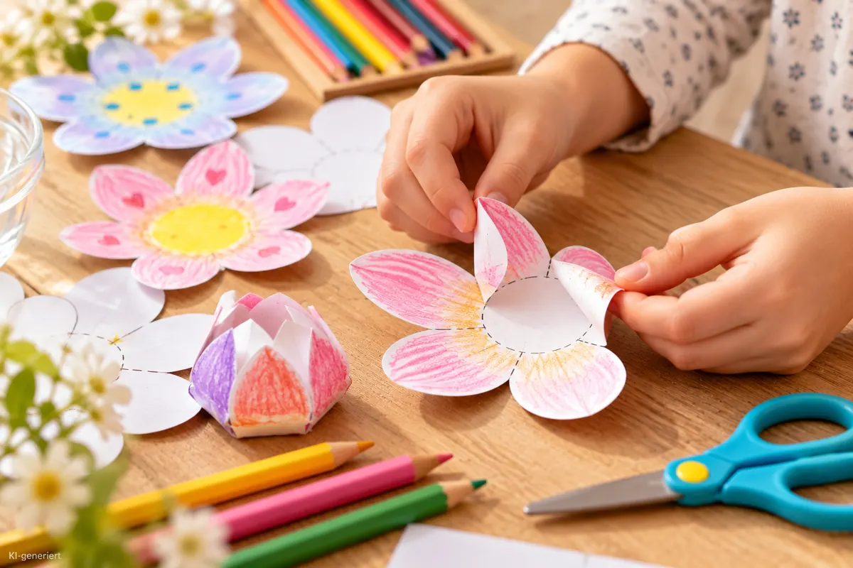 Kinderhände falten die Blütenblätter einer bunten Papierblume sorgfältig nach innen.