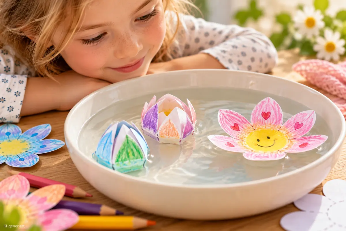 Ein Kind beobachtet, wie sich bunte Papierblumen in einer Schale Wasser öffnen.