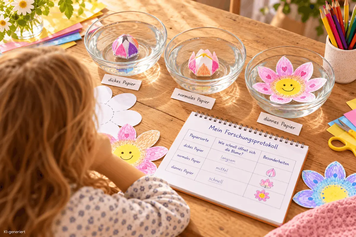 Ein Kind betrachtet drei Wasserschalen mit Papierblumen und ein Forschungsprotokoll zum Vergleich verschiedener Papiersorten.