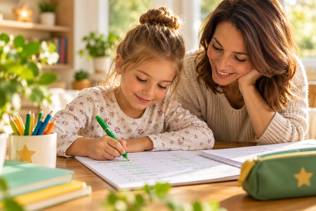 Schulkind markiert richtige Lösungen mit einem grünen Stift und lernt, Fehler als Helfer zu nutzen
