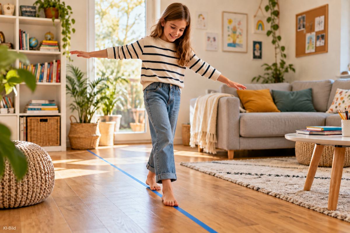 Pausen beim Lernen: Schulkind macht eine kurze Bewegungspause und balanciert auf einer Linie