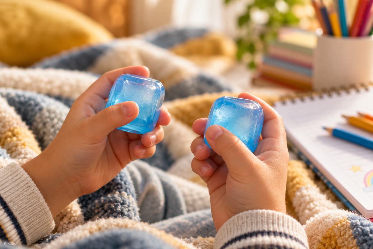 Pausen beim Lernen: Kinderhände halten zwei blaue Plastikeiswürfel als kurzen Kältereiz