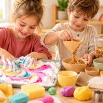 Sinnesspiele für Kinder: 15 Ideen für Kindergarten und Grundschule Zwei Kinder spielen mit buntem Zauberschaum und Linsen. Einfache Sinnesspiele für Kindergarten und Grundschule.