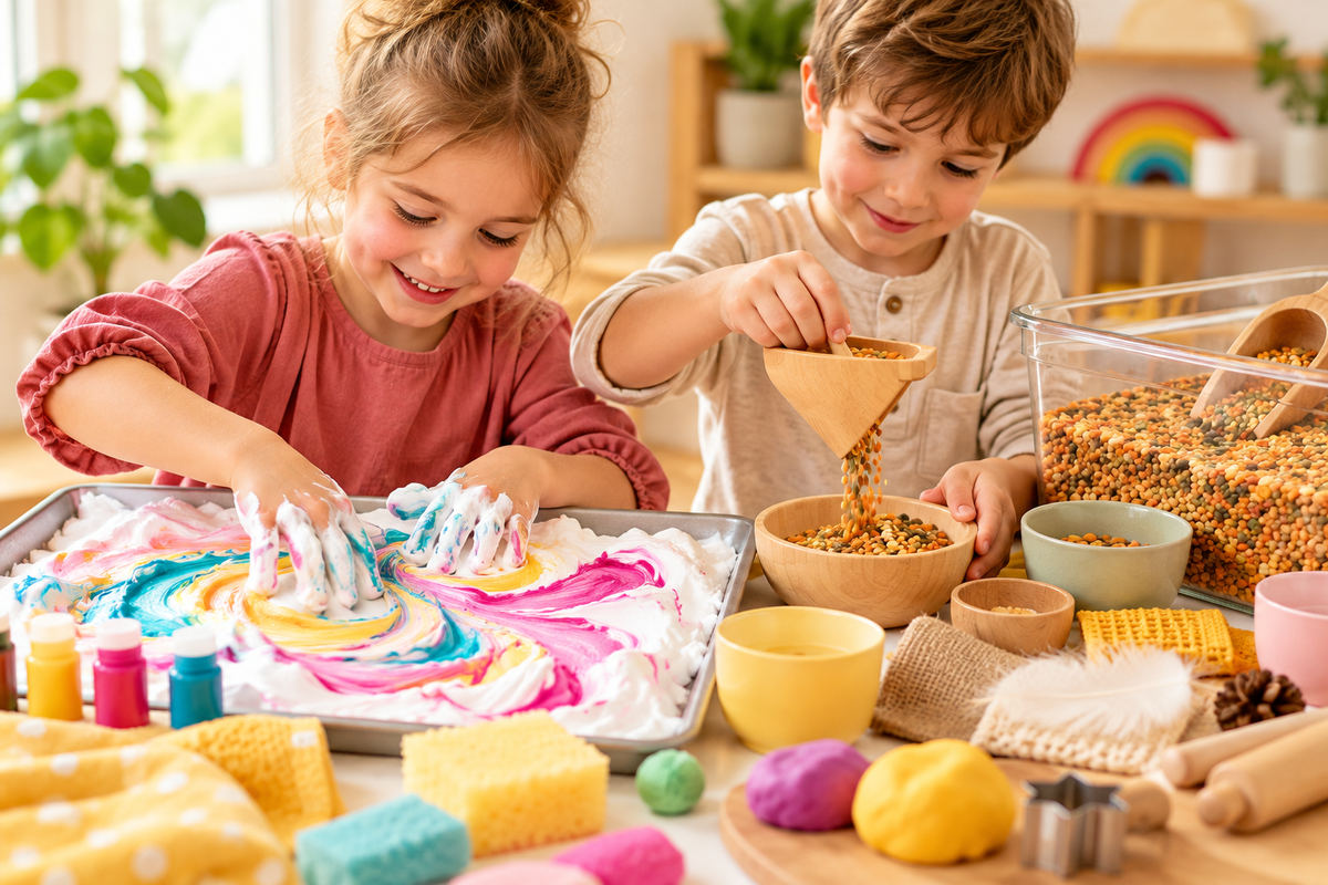 Zwei Kinder spielen mit buntem Zauberschaum und Linsen. Einfache Sinnesspiele für Kindergarten und Grundschule.