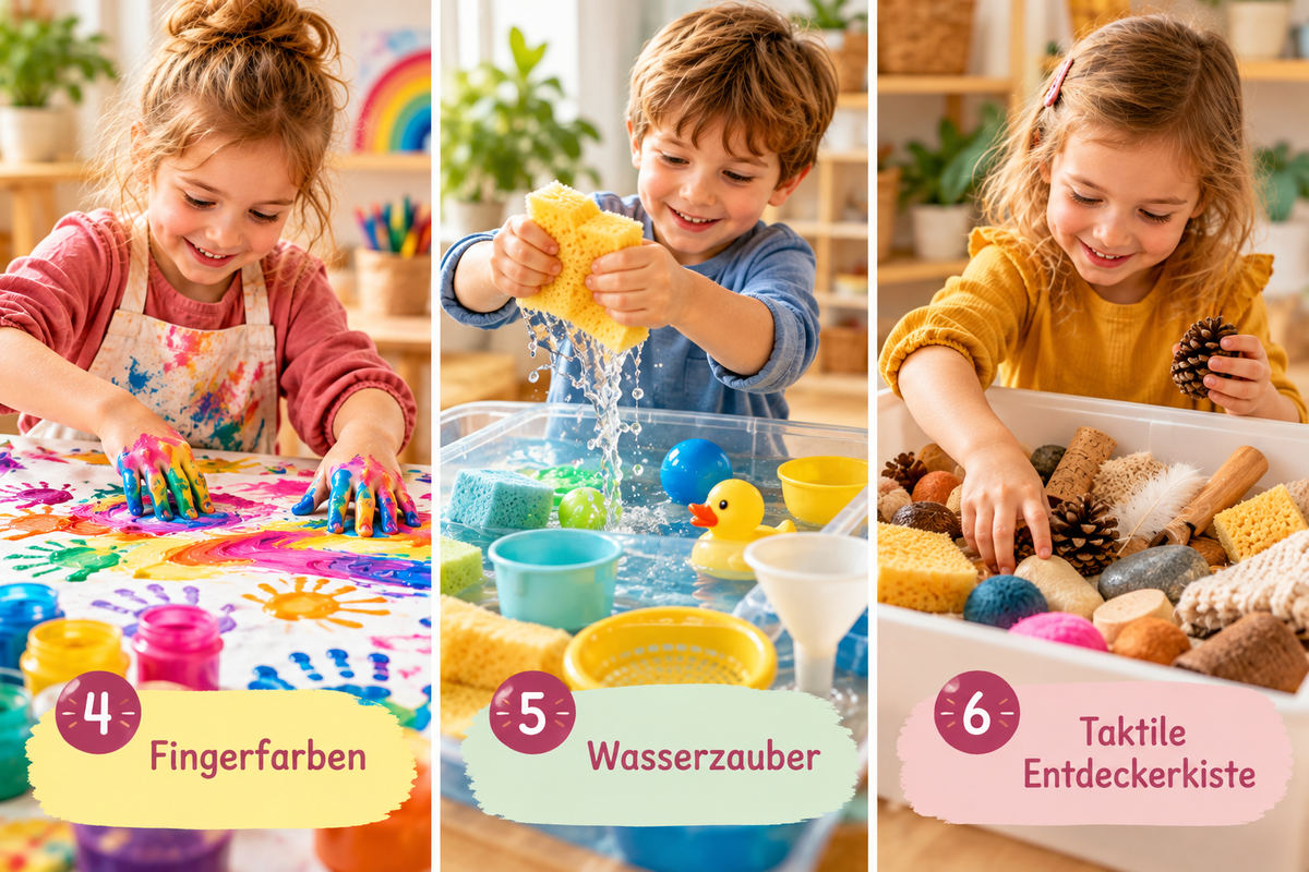 Drei Sinnesaktivitäten für Kinder: Malen mit Fingerfarben, Wasserspiel mit Schwamm und taktile Entdeckerkiste.