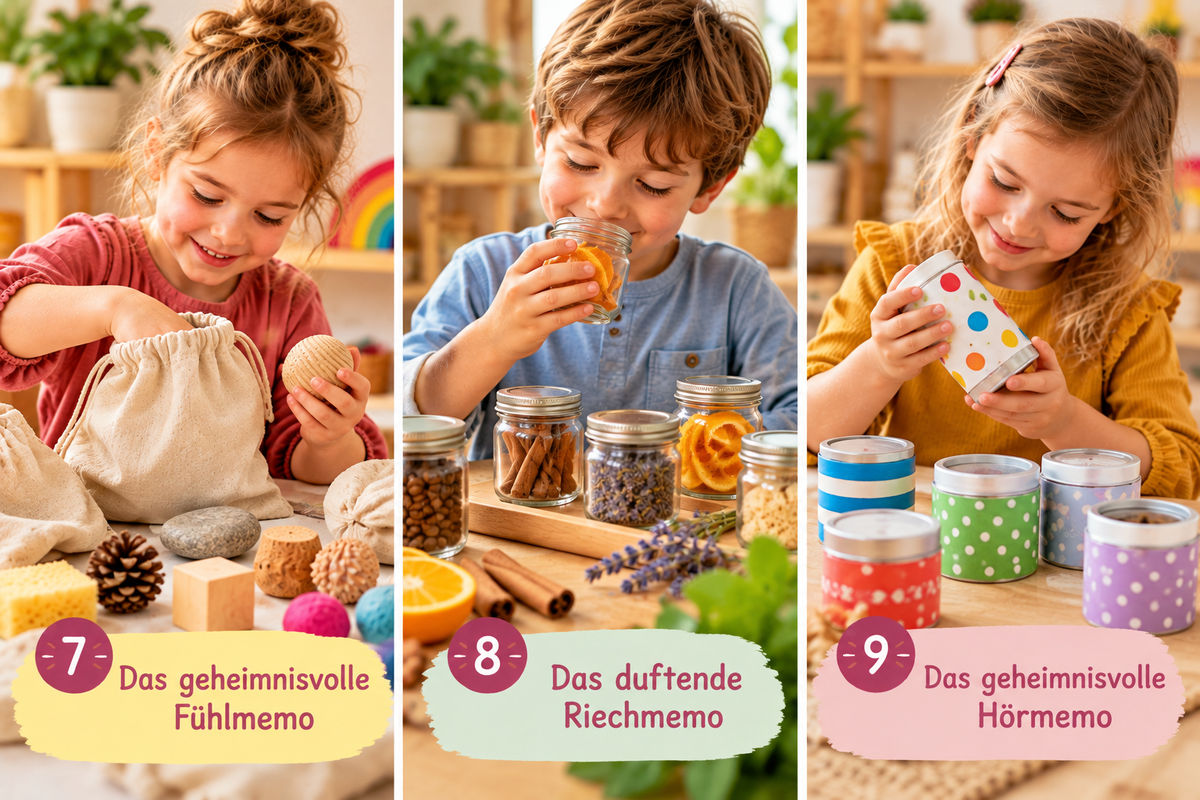 Drei Kinder entdecken Fühlmemo mit Stoffsäckchen, Riechmemo mit Duftgläsern und Hörmemo mit Klangdosen.