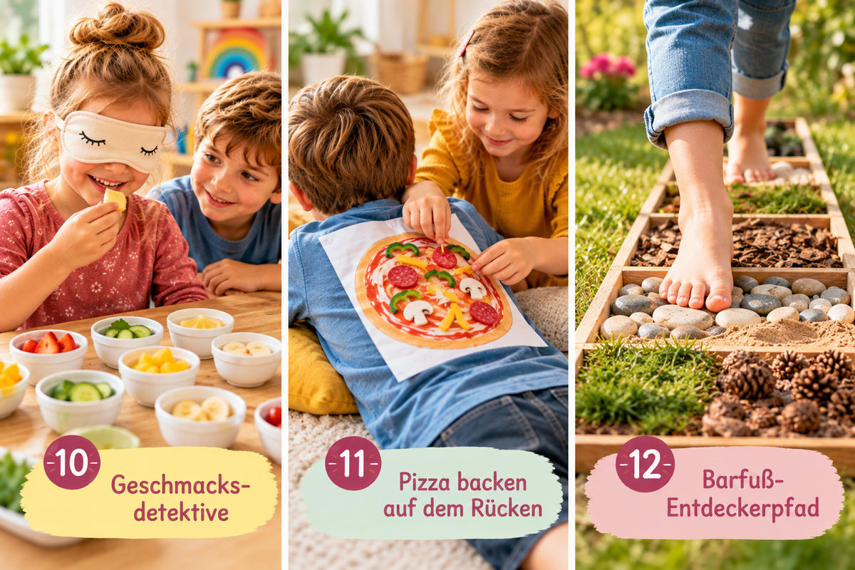Drei Spiele: Geschmacksdetektive mit Lebensmitteln, Pizza auf dem Rücken und ein Barfußpfad aus Naturmaterialien.