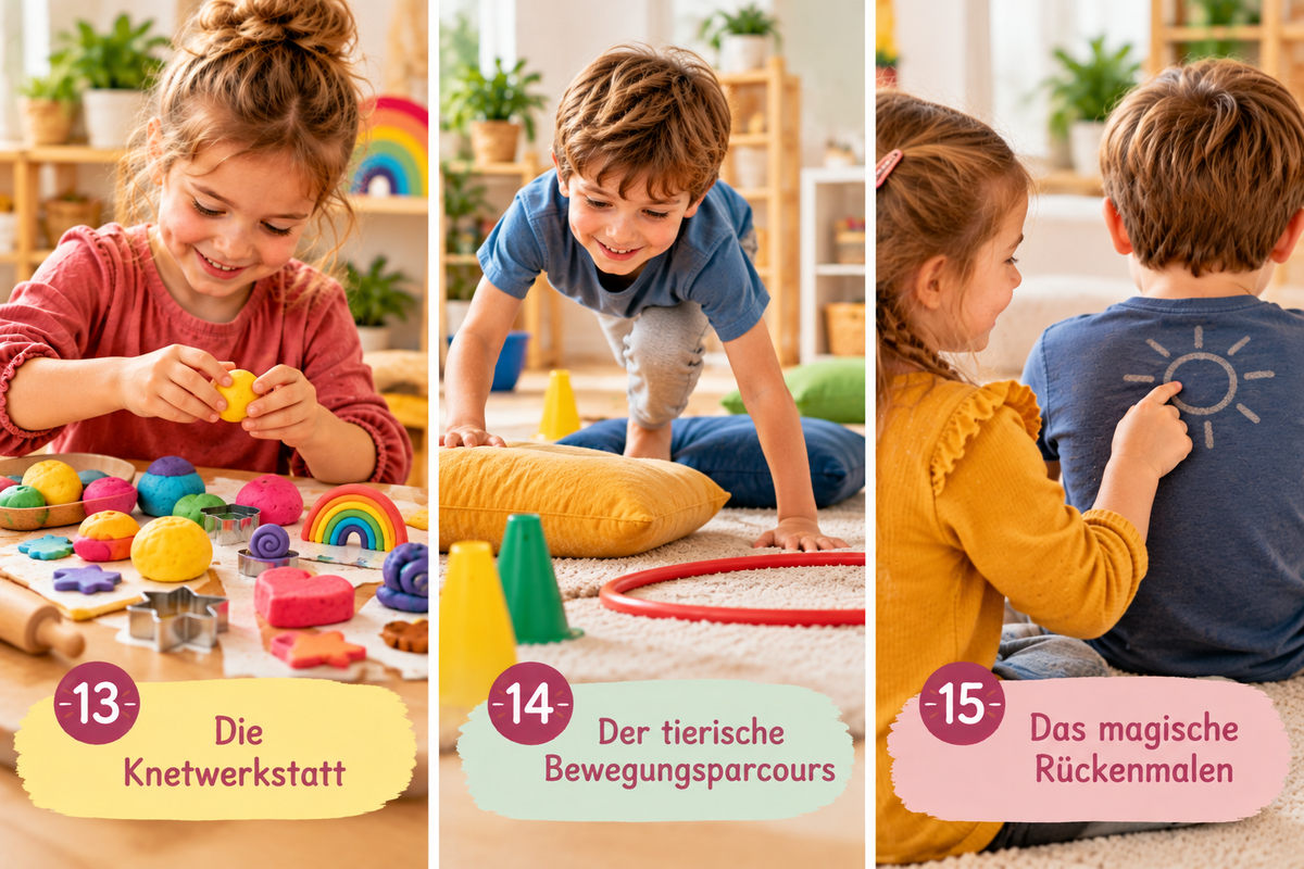 Drei Kinderaktivitäten: Knetwerkstatt mit Knete, tierischer Bewegungsparcours und Rückenmalen.