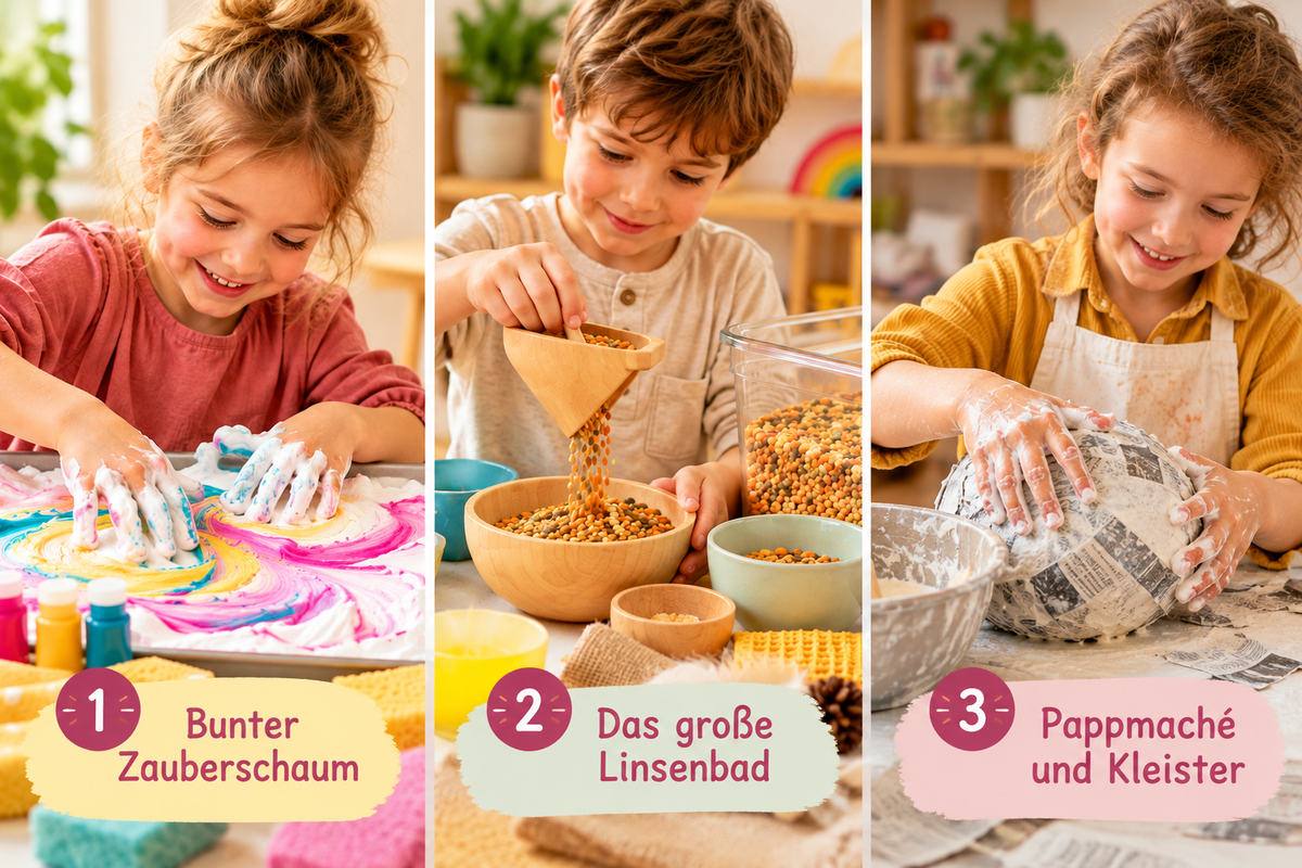 Drei Sinnesspiele für Kinder: bunter Zauberschaum, Linsenbad und Pappmaché mit Kleister.