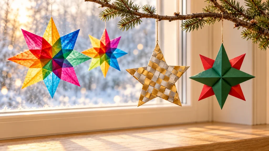 Bunte Transparentsterne am Fenster sowie ein gold-silberner Flechtstern und ein rot-grüner 3D-Papierstern an einem Tannenzweig.