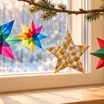 Bunte Transparentsterne am Fenster sowie ein gold-silberner Flechtstern und ein rot-grüner 3D-Papierstern an einem Tannenzweig.